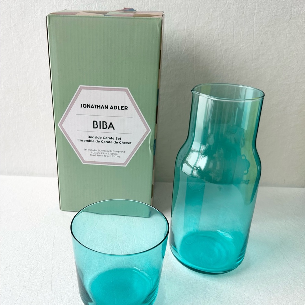 NWT Jonathan Adler Biba Teal Carafe and Glass Set
